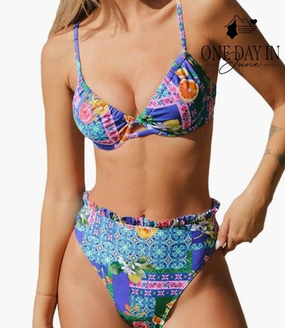 Cupshe Floral High Waist Underwire Bikini Set Ruffle Bottom NWT Size M